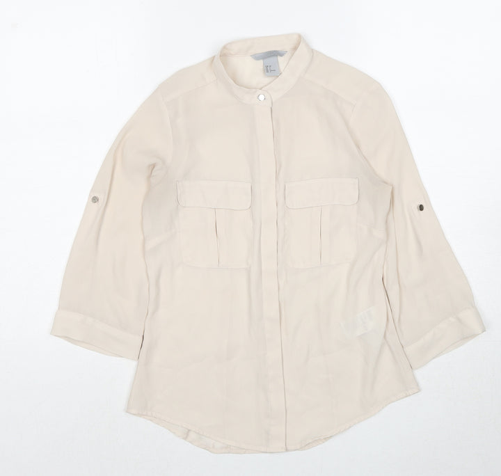 H&M Womens Beige Polyester Basic Button-Up Size 4 Round Neck