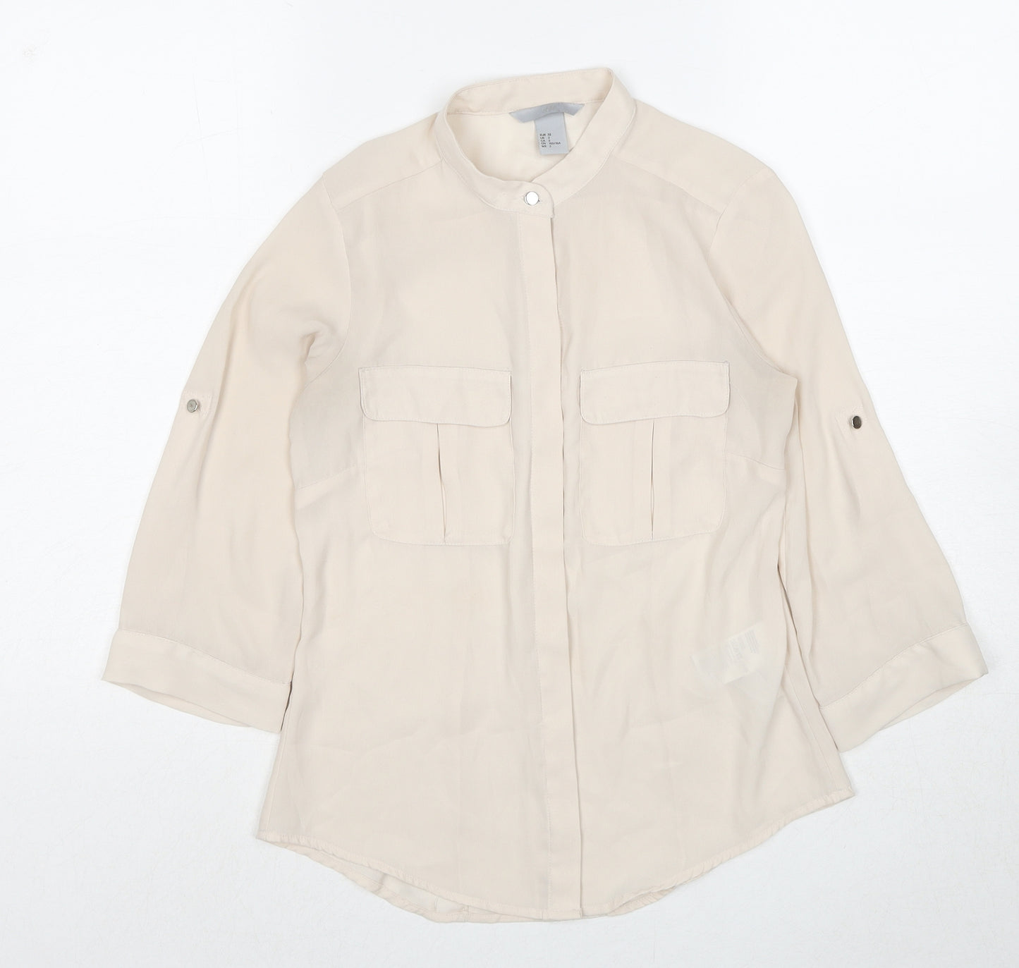 H&M Womens Beige Polyester Basic Button-Up Size 4 Round Neck