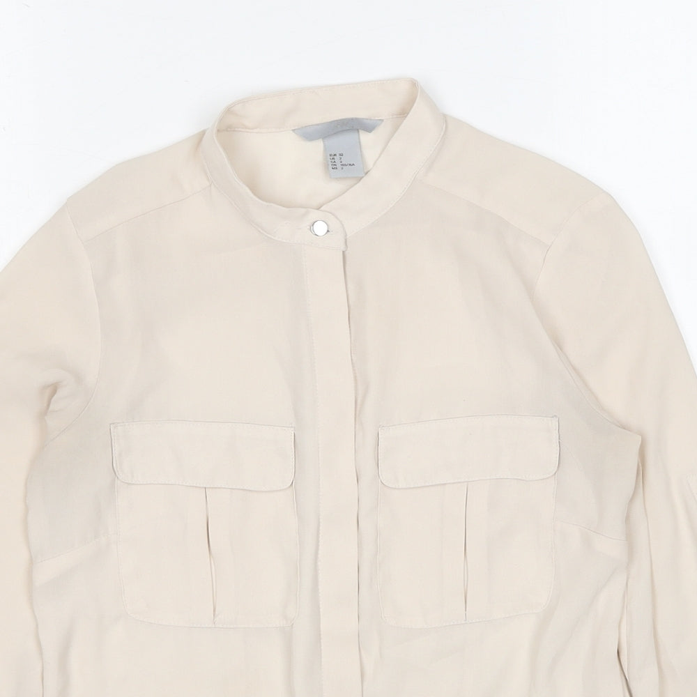 H&M Womens Beige Polyester Basic Button-Up Size 4 Round Neck
