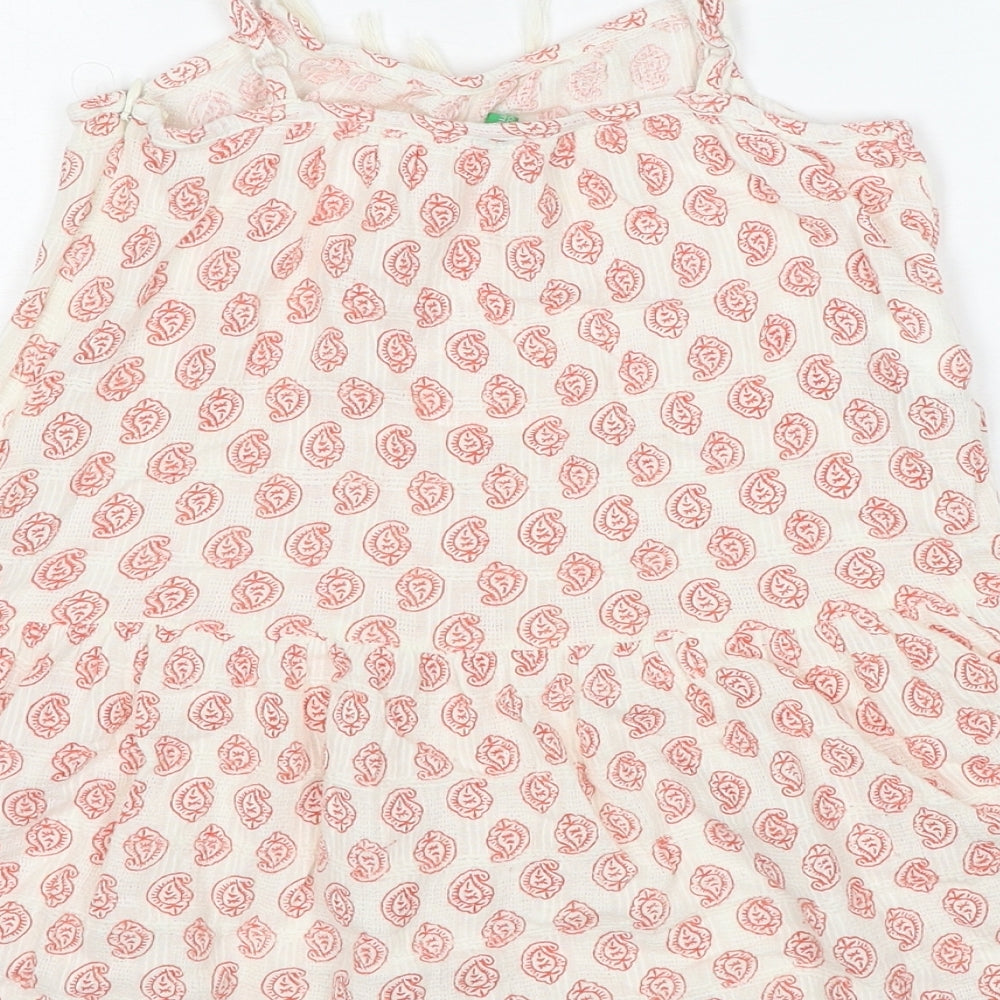 United Colors of Benetton Girls Ivory Geometric Cotton Basic Tank Size 6-7 Years Round Neck Zip