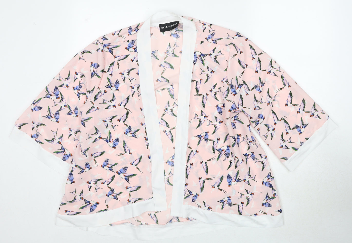Mela London Womens Pink Geometric Polyester Basic Blouse Size L V-Neck - Bird Print