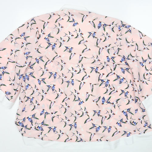 Mela London Womens Pink Geometric Polyester Basic Blouse Size L V-Neck - Bird Print