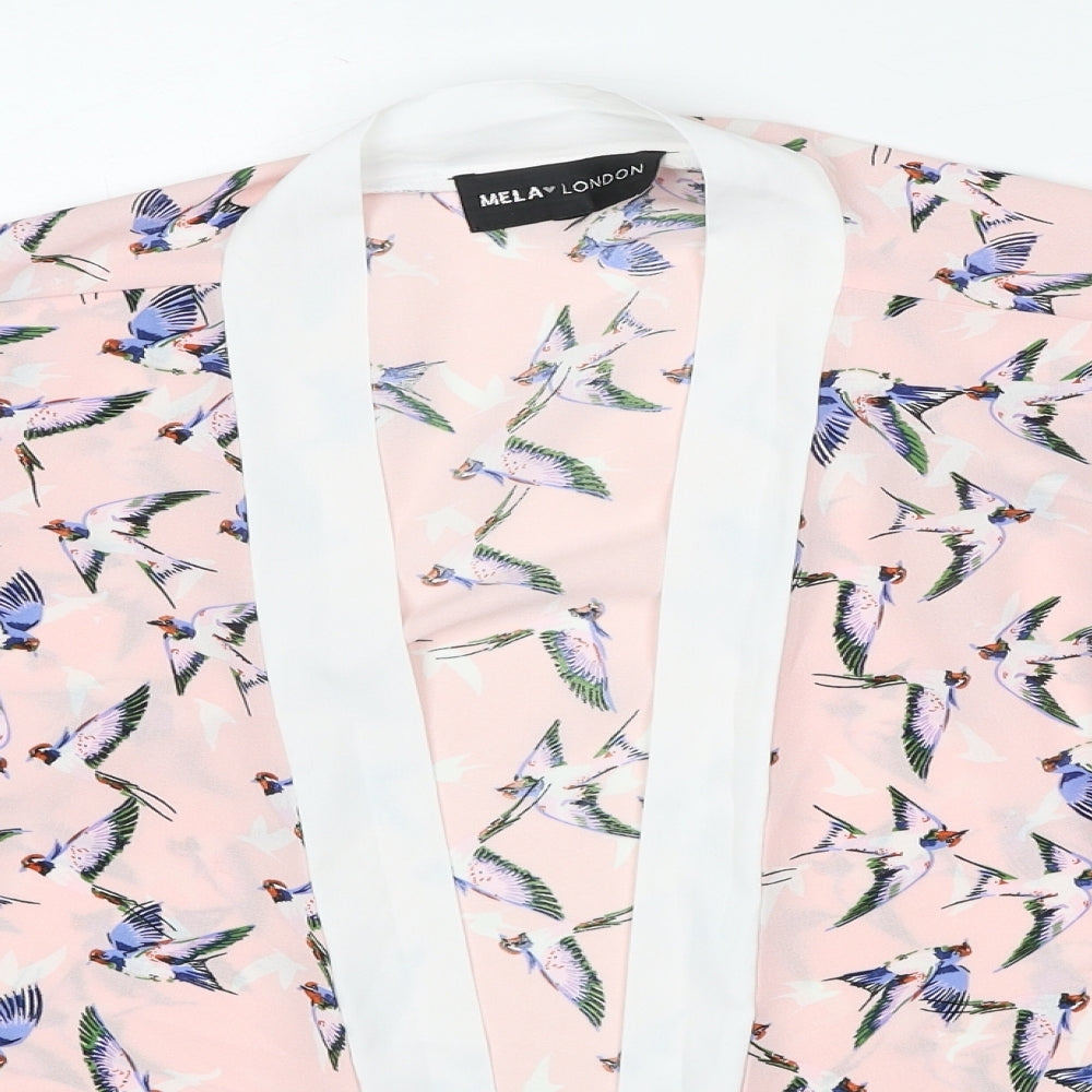 Mela London Womens Pink Geometric Polyester Basic Blouse Size L V-Neck - Bird Print