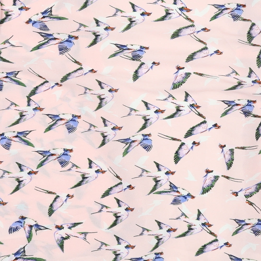 Mela London Womens Pink Geometric Polyester Basic Blouse Size L V-Neck - Bird Print