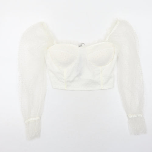 Cameo Rose Womens White Geometric Polyester Basic Blouse Size M Sweetheart - Sheer Sleeves