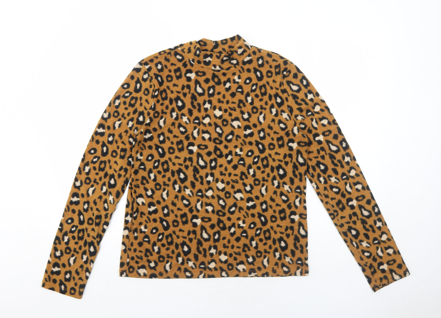 FOREVER 21 Womens Brown Animal Print Viscose Basic T-Shirt Size XS High Neck - Leopard Pattern