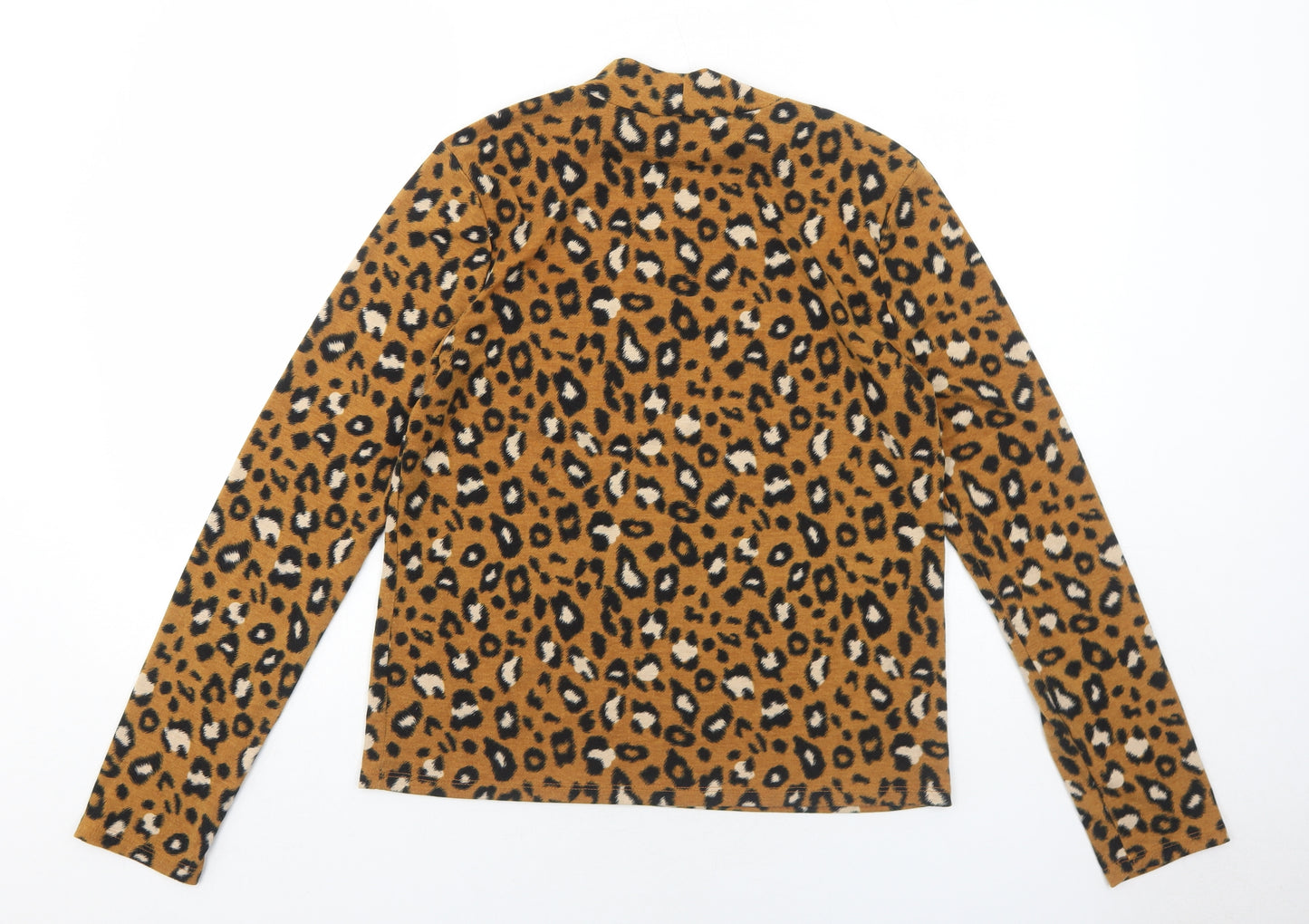 FOREVER 21 Womens Brown Animal Print Viscose Basic T-Shirt Size XS High Neck - Leopard Pattern