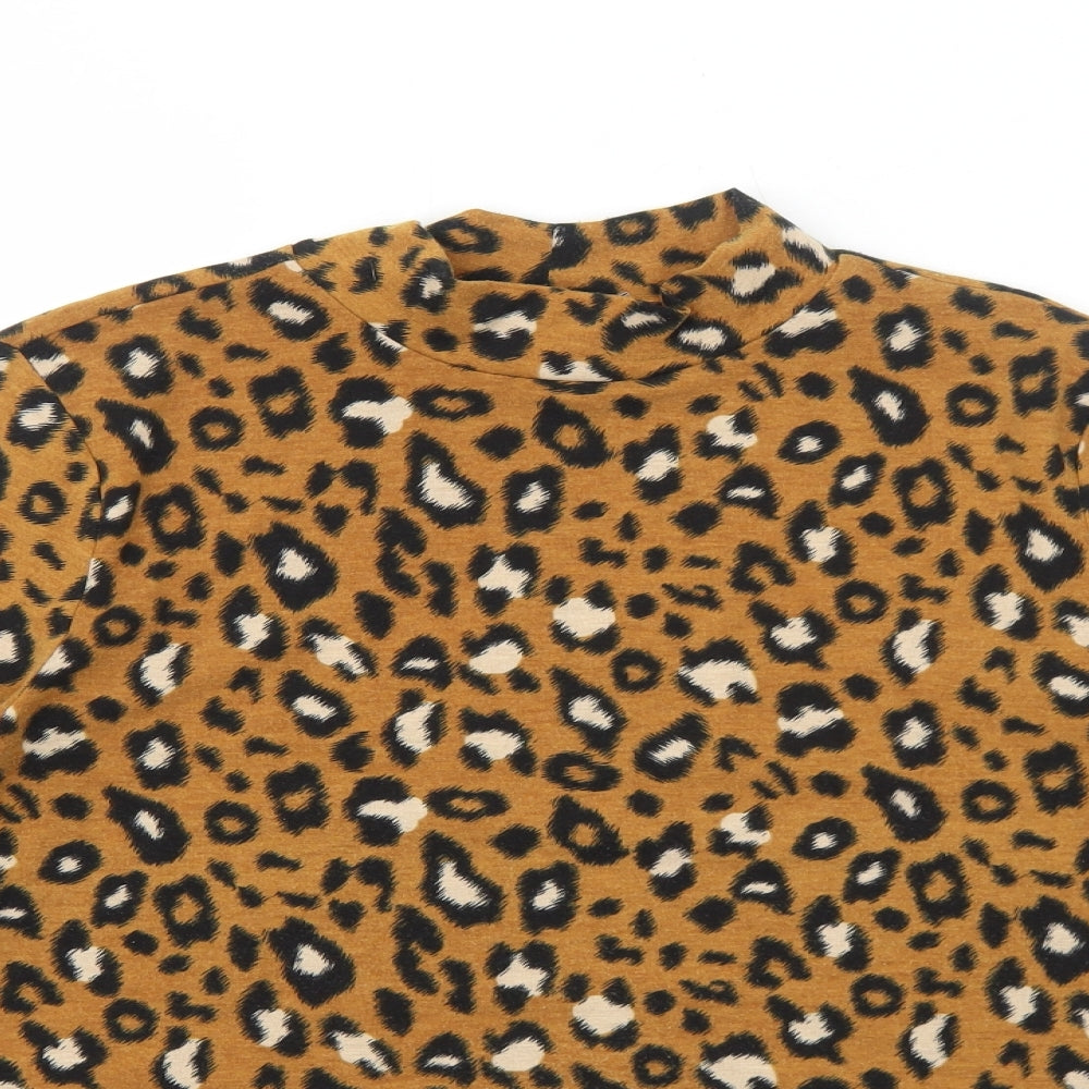 FOREVER 21 Womens Brown Animal Print Viscose Basic T-Shirt Size XS High Neck - Leopard Pattern