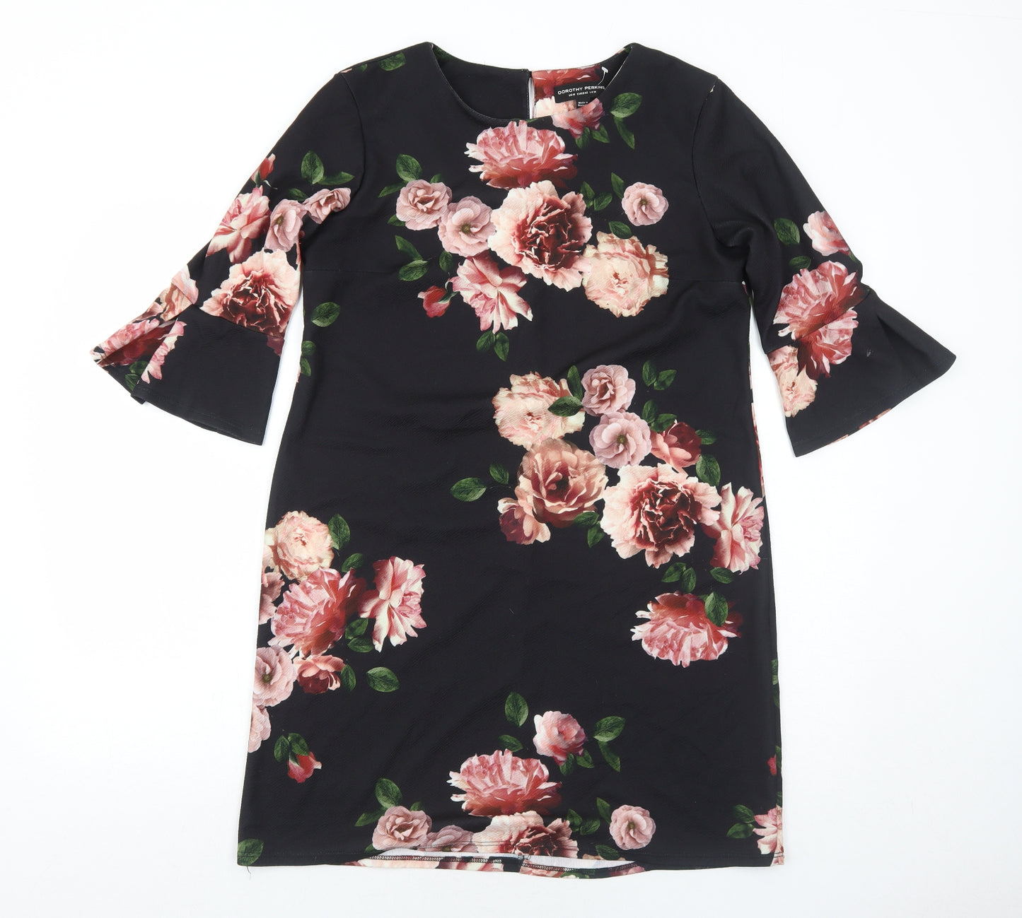Dorothy Perkins Womens Black Floral Polyester A-Line Size 14 Round Neck Button