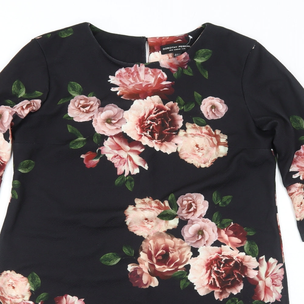 Dorothy Perkins Womens Black Floral Polyester A-Line Size 14 Round Neck Button