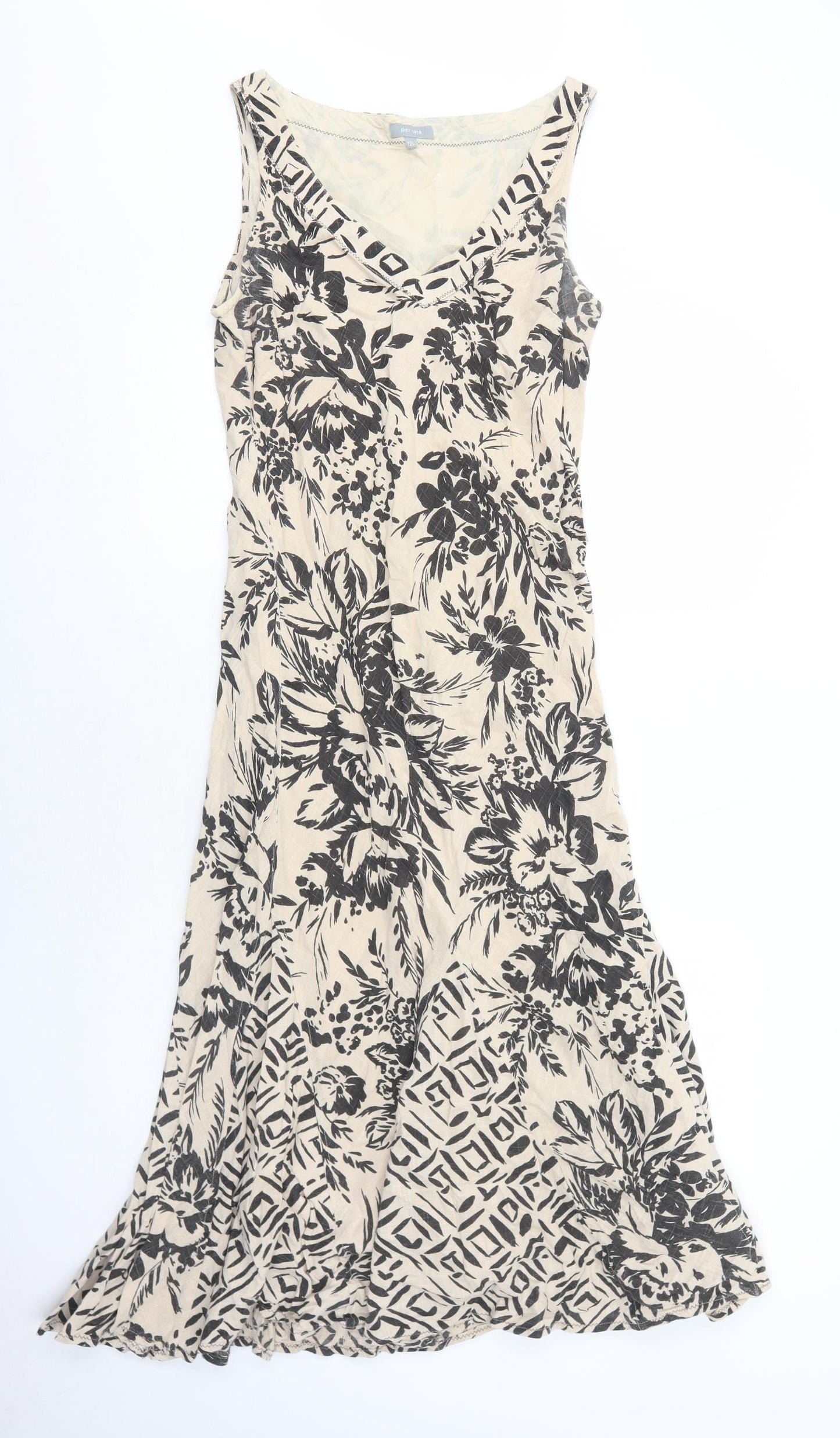 Per Una Womens Beige Floral Cotton Trapeze & Swing Size 12 V-Neck Pullover