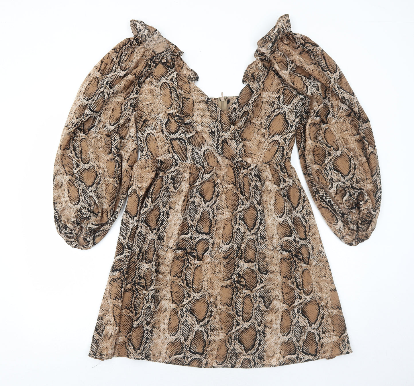 Boohoo Womens Brown Animal Print Polyester Mini Size 12 V-Neck Zip - Snakeskin Pattern