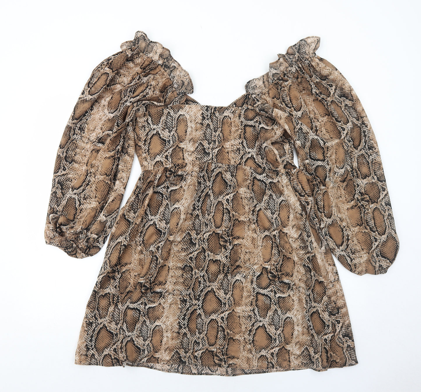 Boohoo Womens Brown Animal Print Polyester Mini Size 12 V-Neck Zip - Snakeskin Pattern