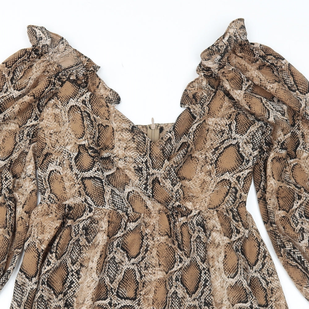 Boohoo Womens Brown Animal Print Polyester Mini Size 12 V-Neck Zip - Snakeskin Pattern