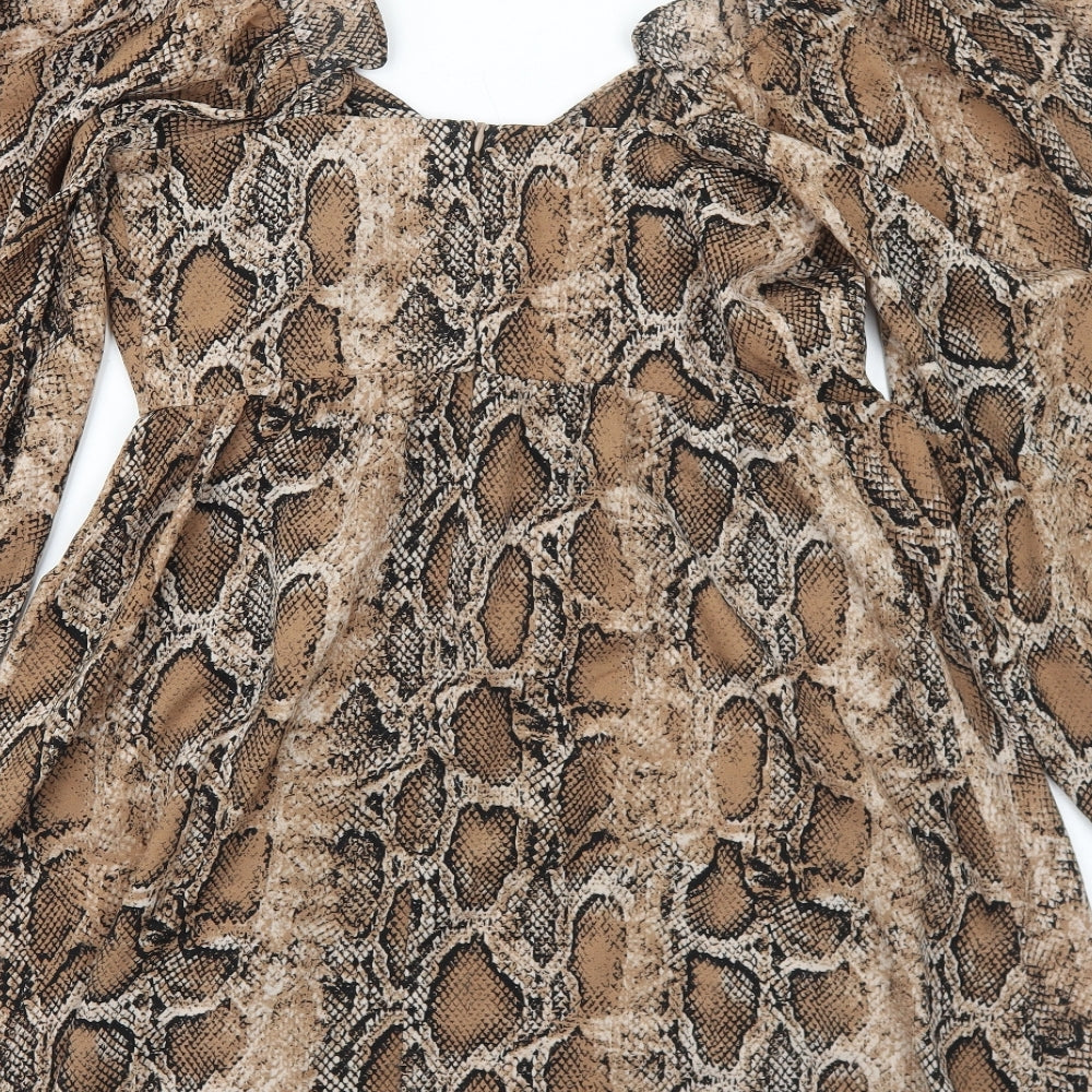 Boohoo Womens Brown Animal Print Polyester Mini Size 12 V-Neck Zip - Snakeskin Pattern