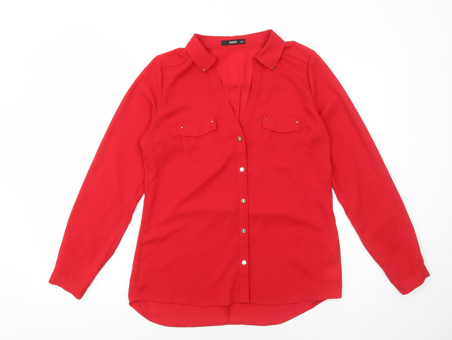 Oasis Womens Red Polyester Basic Button-Up Size 10 Collared