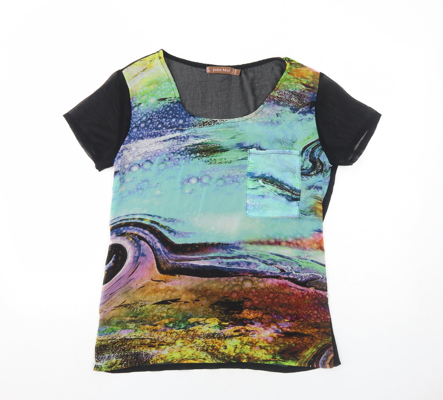 Jolie Moi Womens Black Geometric Polyester Basic T-Shirt Size S Round Neck - Size S/M