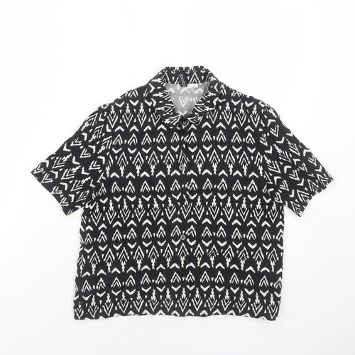 H&M Womens Black Geometric Viscose Basic Button-Up Size 6 Collared