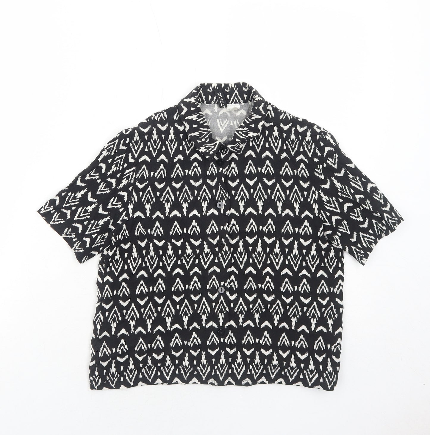 H&M Womens Black Geometric Viscose Basic Button-Up Size 6 Collared
