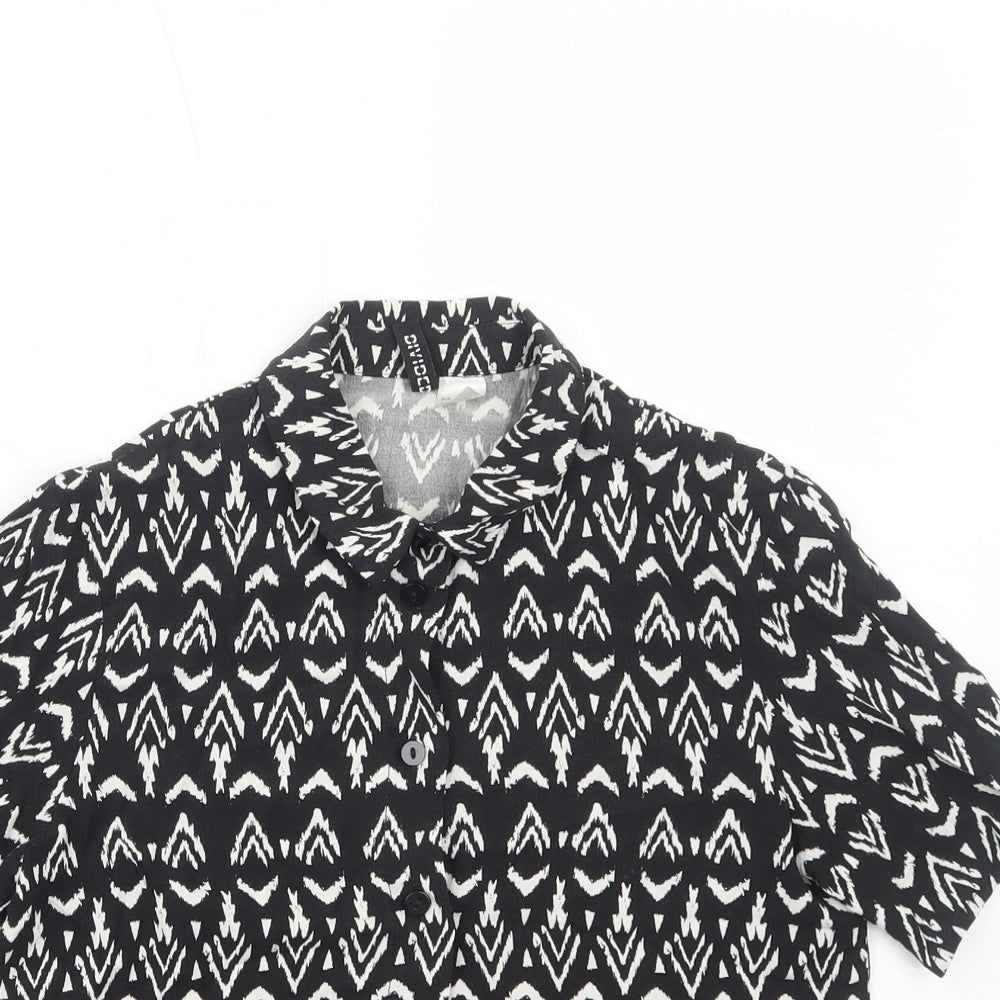 H&M Womens Black Geometric Viscose Basic Button-Up Size 6 Collared