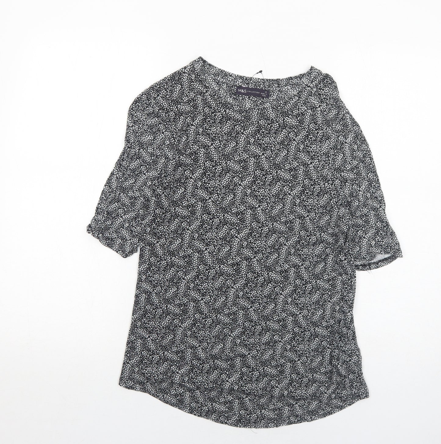 Marks and Spencer Womens Black Geometric Viscose Basic T-Shirt Size 12 Round Neck