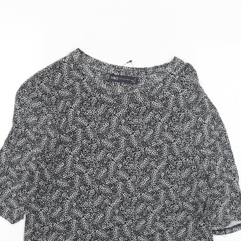 Marks and Spencer Womens Black Geometric Viscose Basic T-Shirt Size 12 Round Neck