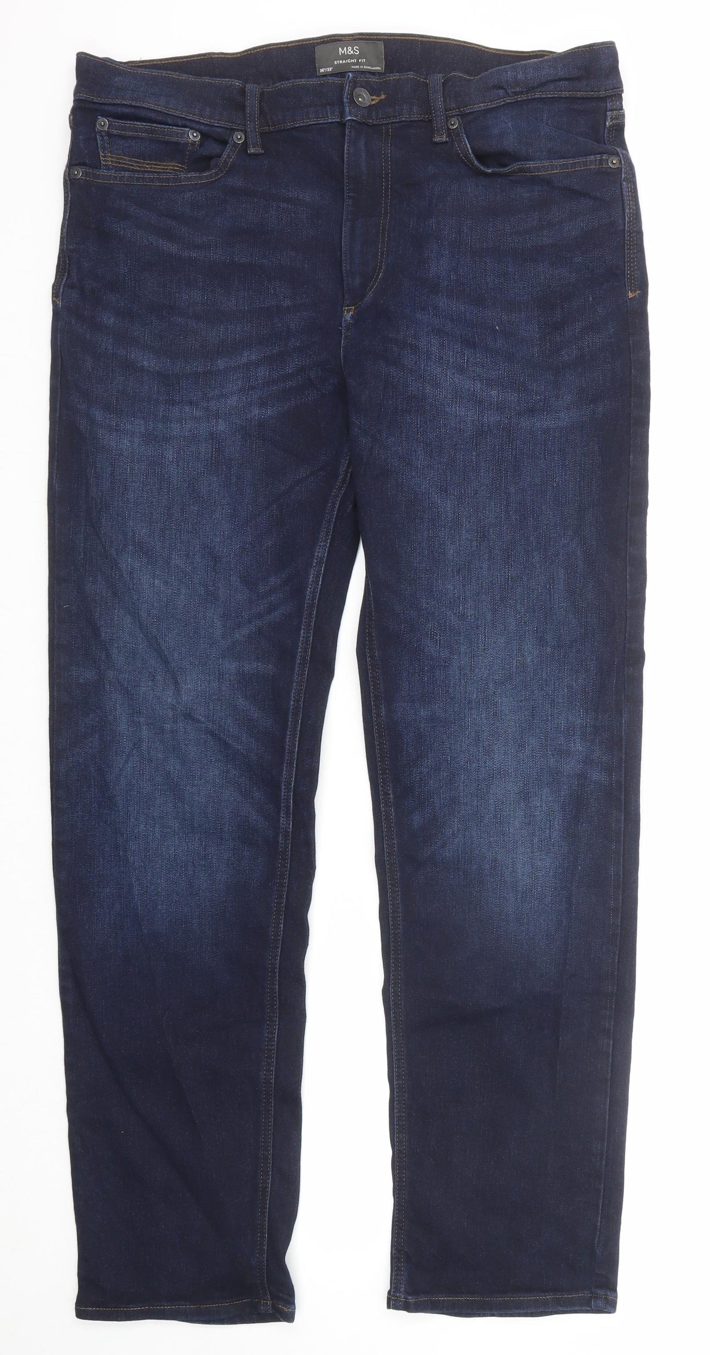 Marks and Spencer Mens Blue Cotton Straight Jeans Size 36 in L36 in Regular Zip