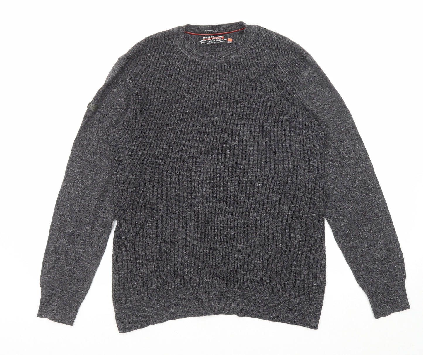 Superdry Mens Grey Crew Neck Cotton Pullover Jumper Size L Long Sleeve