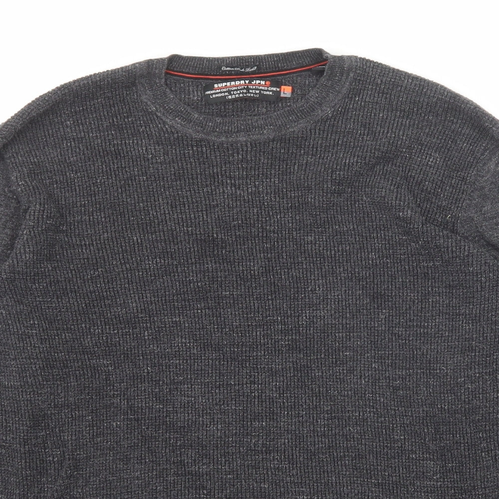 Superdry Mens Grey Crew Neck Cotton Pullover Jumper Size L Long Sleeve