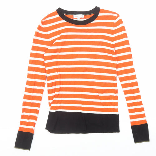 Warehouse Womens Orange Round Neck Striped Viscose Pullover Jumper Size 8