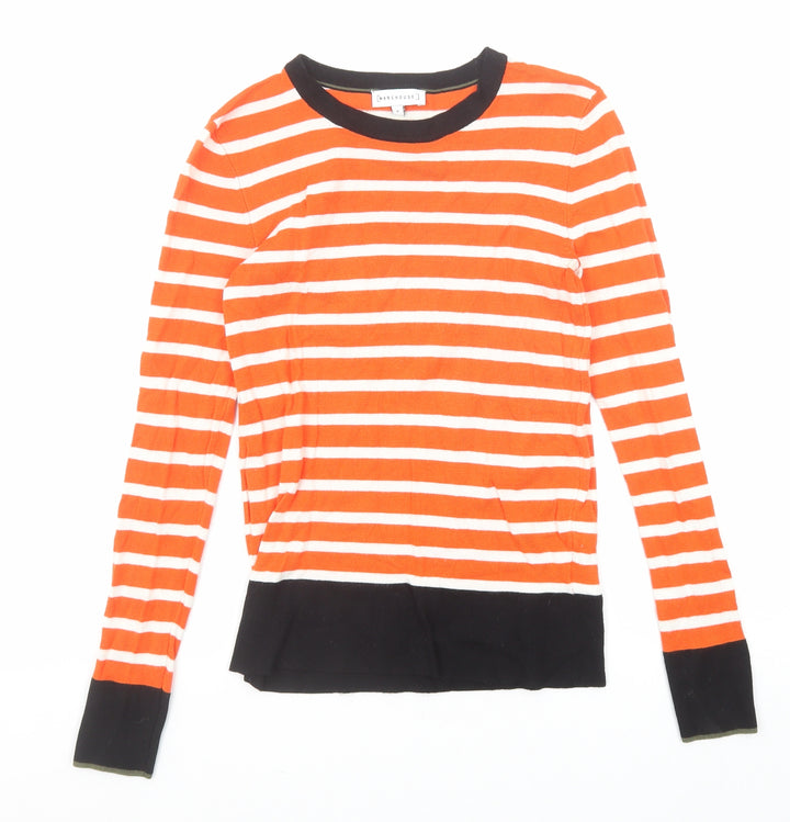 Warehouse Womens Orange Round Neck Striped Viscose Pullover Jumper Size 8
