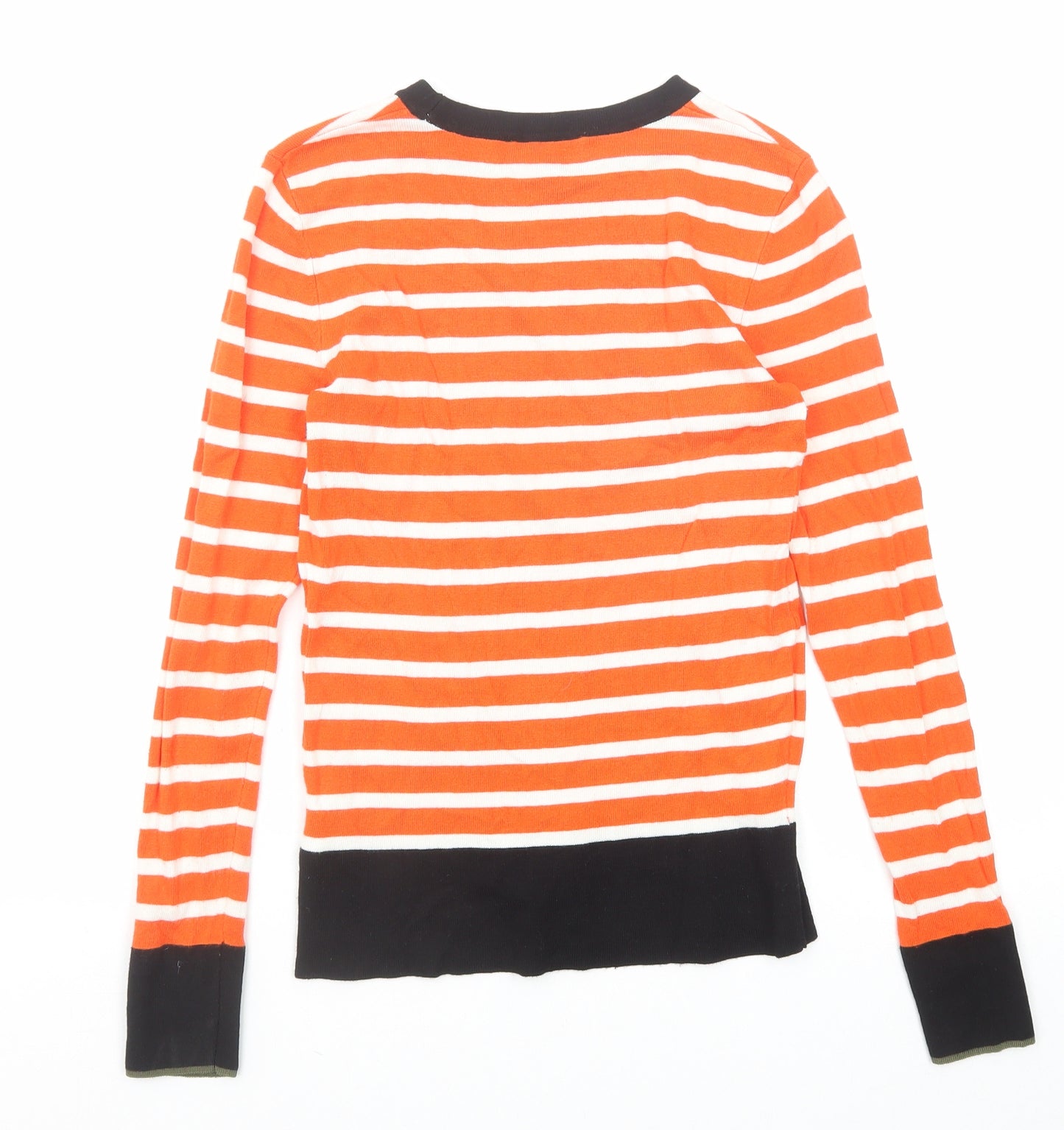 Warehouse Womens Orange Round Neck Striped Viscose Pullover Jumper Size 8