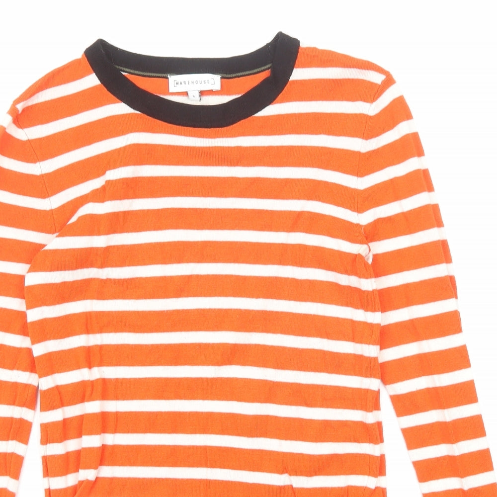 Warehouse Womens Orange Round Neck Striped Viscose Pullover Jumper Size 8