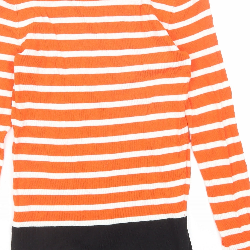 Warehouse Womens Orange Round Neck Striped Viscose Pullover Jumper Size 8