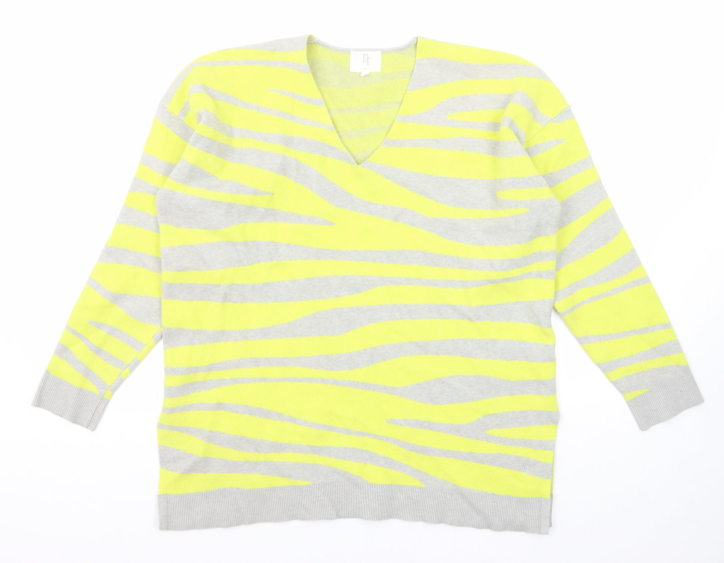 NEXT Womens Yellow V-Neck Animal Print Viscose Pullover Jumper Size 14 - Tiger Print