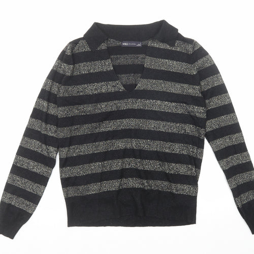 Marks and Spencer Womens Black Collared Striped Viscose Pullover Jumper Size S