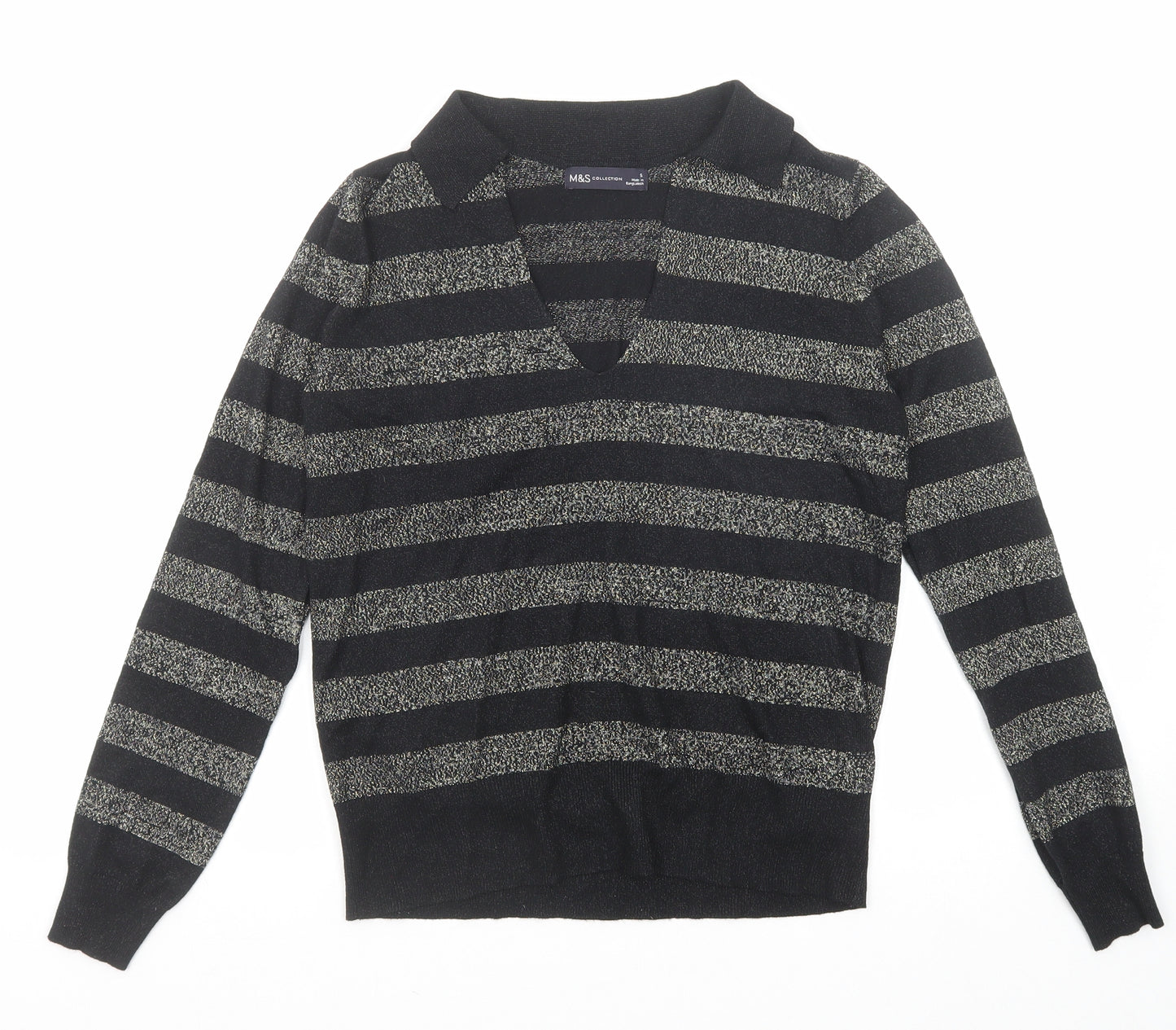 Marks and Spencer Womens Black Collared Striped Viscose Pullover Jumper Size S