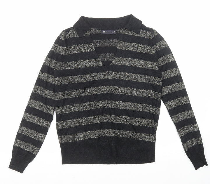 Marks and Spencer Womens Black Collared Striped Viscose Pullover Jumper Size S
