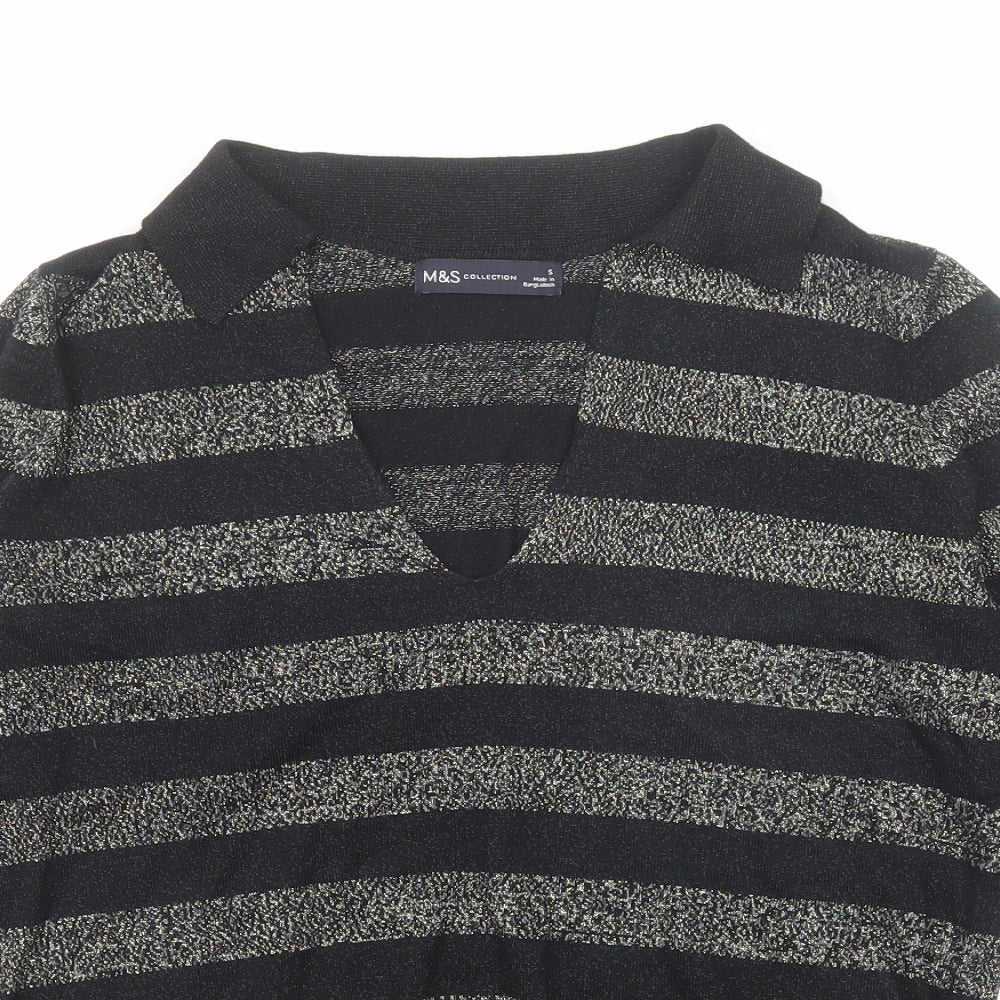 Marks and Spencer Womens Black Collared Striped Viscose Pullover Jumper Size S