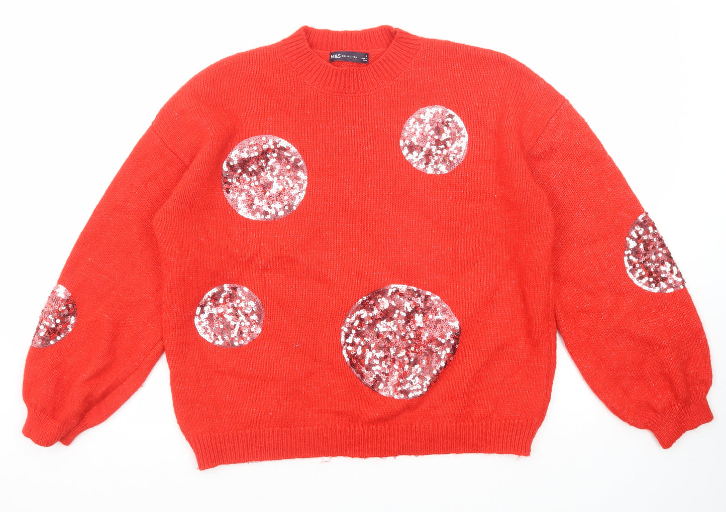 Marks and Spencer Womens Red Round Neck Geometric Acrylic Pullover Jumper Size L