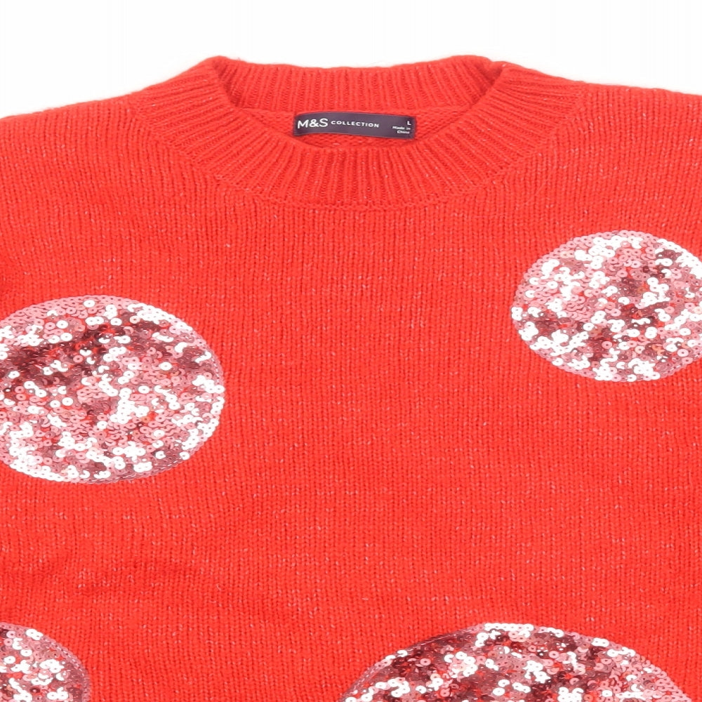 Marks and Spencer Womens Red Round Neck Geometric Acrylic Pullover Jumper Size L