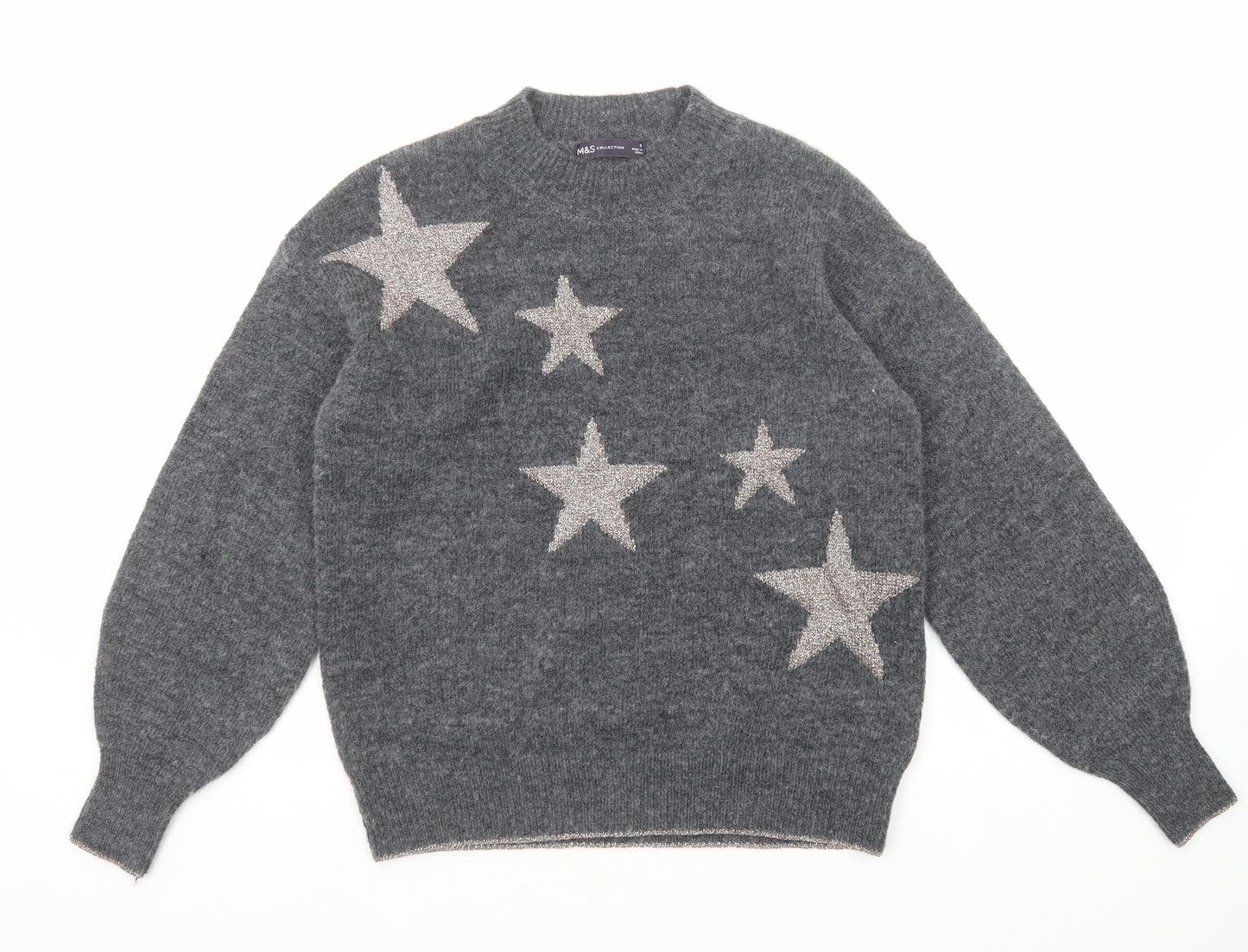 Marks and Spencer Womens Grey Round Neck Geometric Polyester Pullover Jumper Size S - Star Pattern