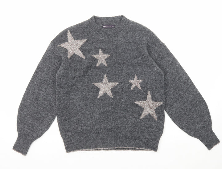 Marks and Spencer Womens Grey Round Neck Geometric Polyester Pullover Jumper Size S - Star Pattern