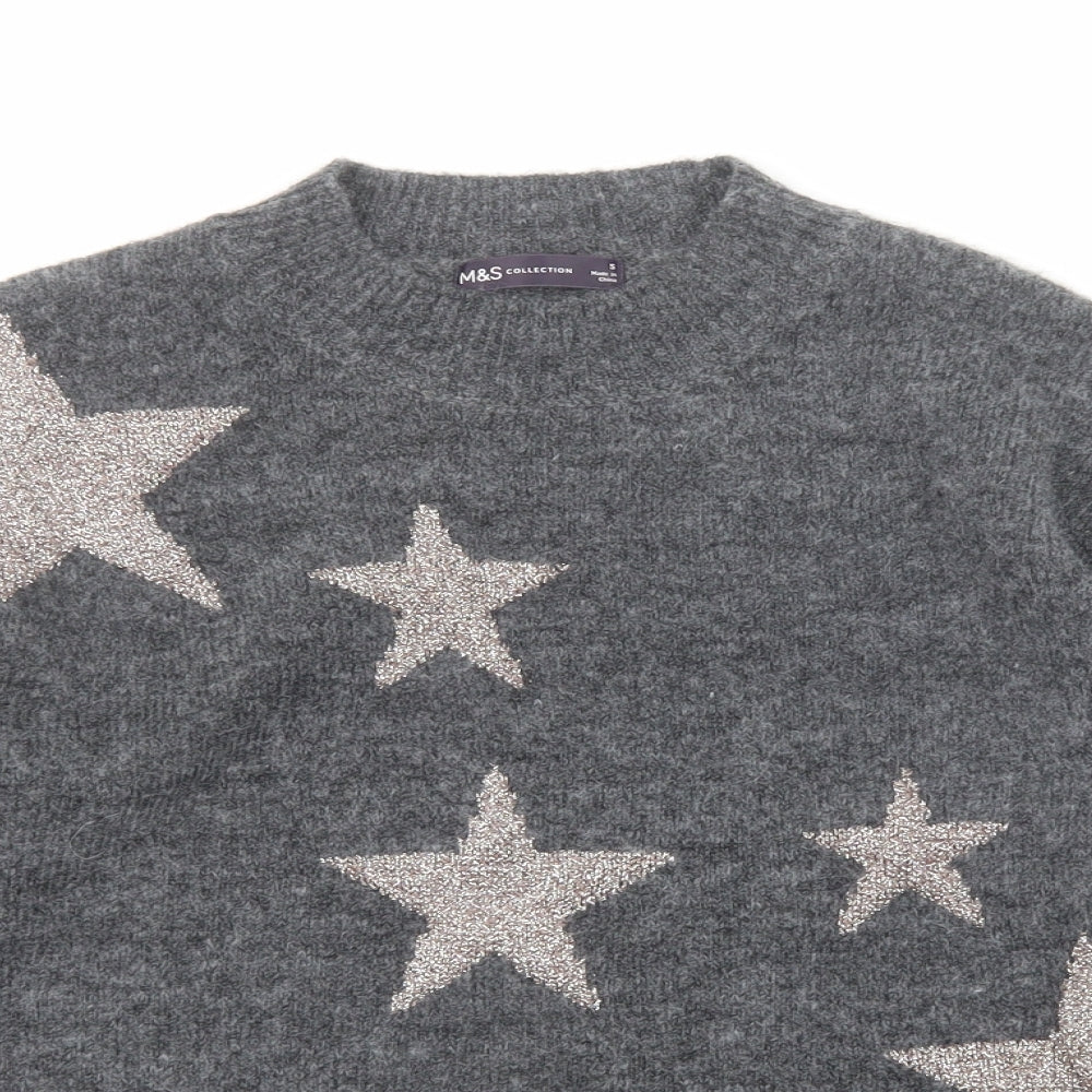 Marks and Spencer Womens Grey Round Neck Geometric Polyester Pullover Jumper Size S - Star Pattern
