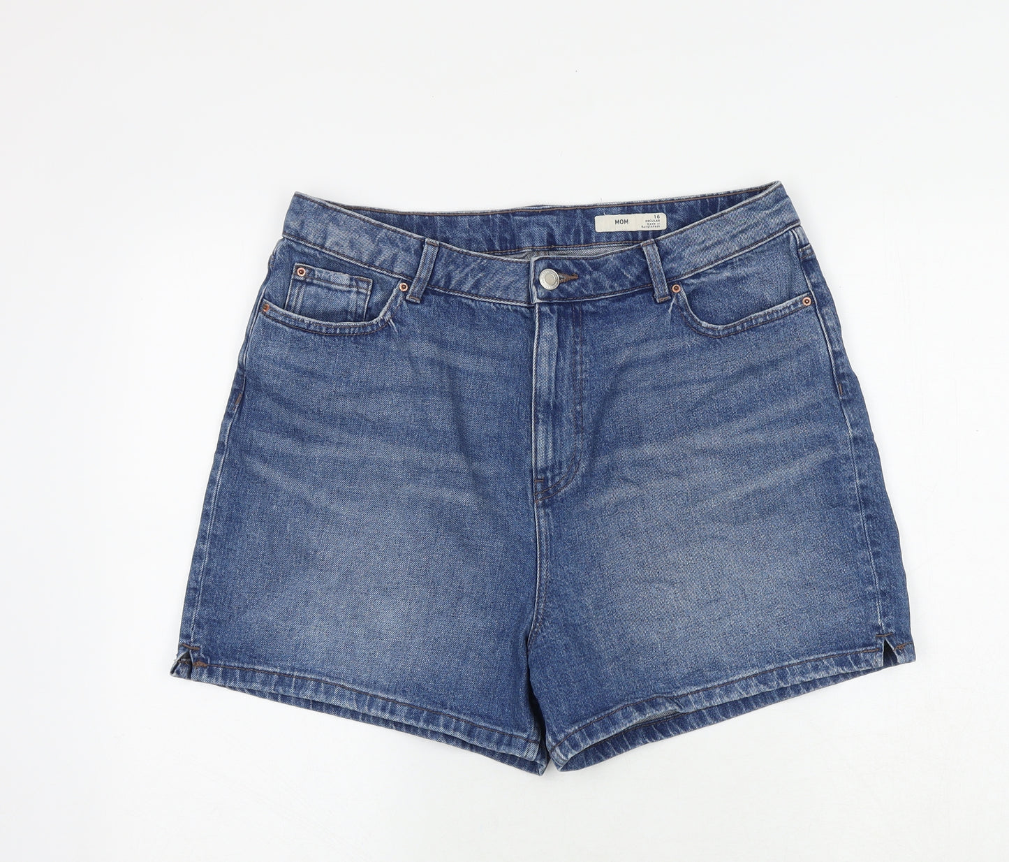Marks and Spencer Womens Blue Cotton Mom Shorts Size 16 Regular Zip