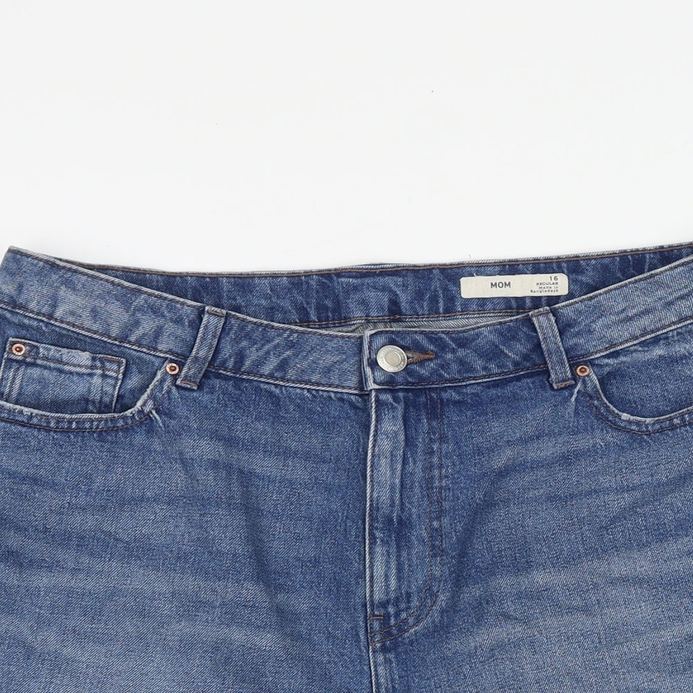 Marks and Spencer Womens Blue Cotton Mom Shorts Size 16 Regular Zip