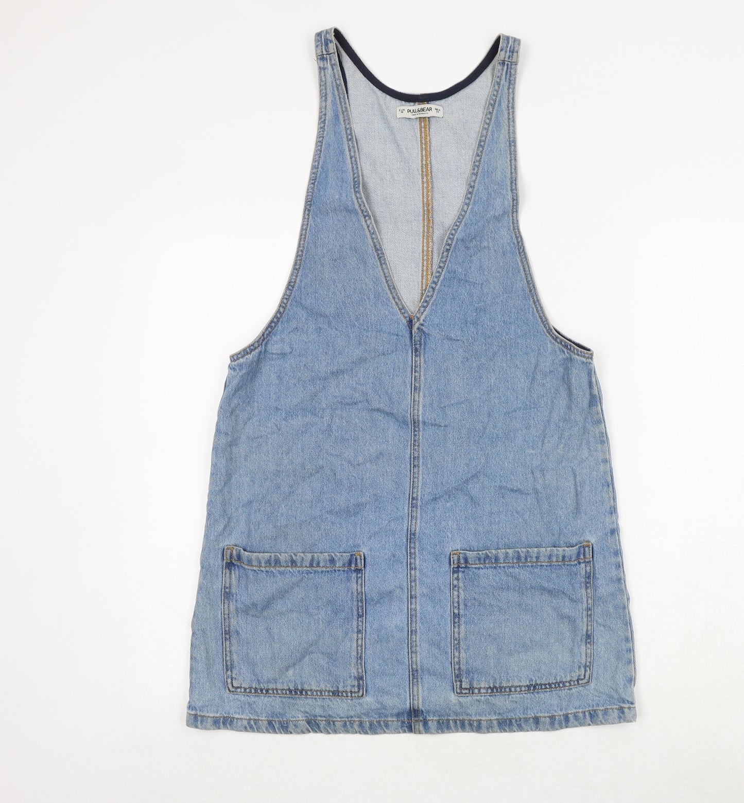 Pull&Bear Womens Blue 100% Cotton Pinafore/Dungaree Dress Size M V-Neck Pullover