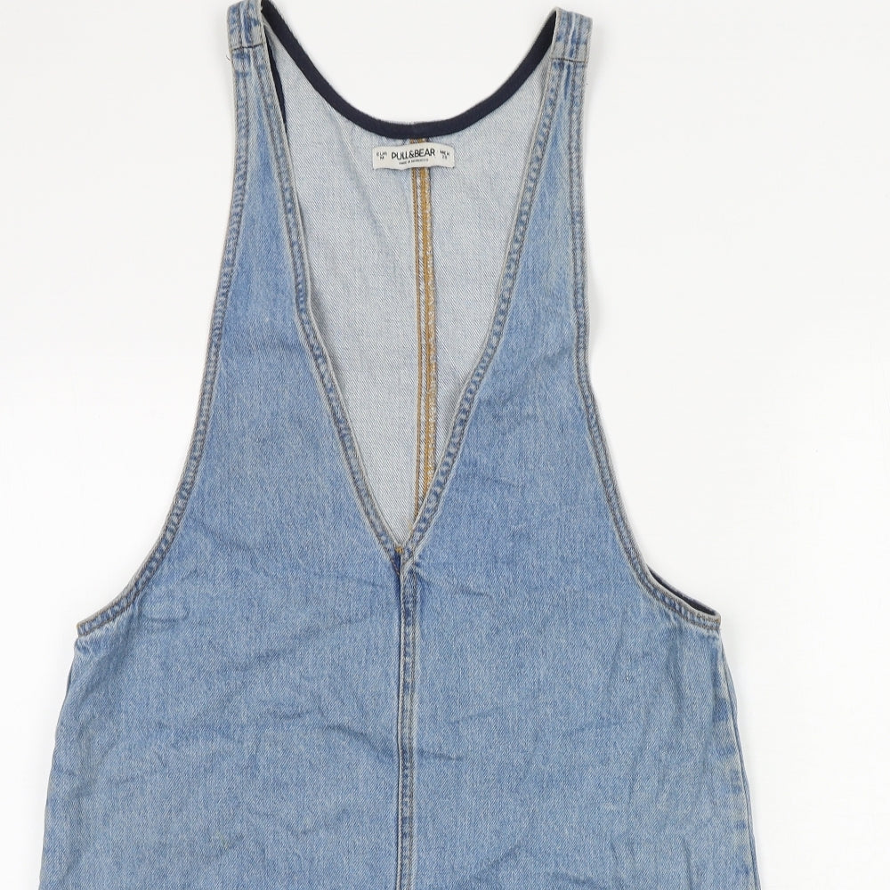 Pull&Bear Womens Blue 100% Cotton Pinafore/Dungaree Dress Size M V-Neck Pullover
