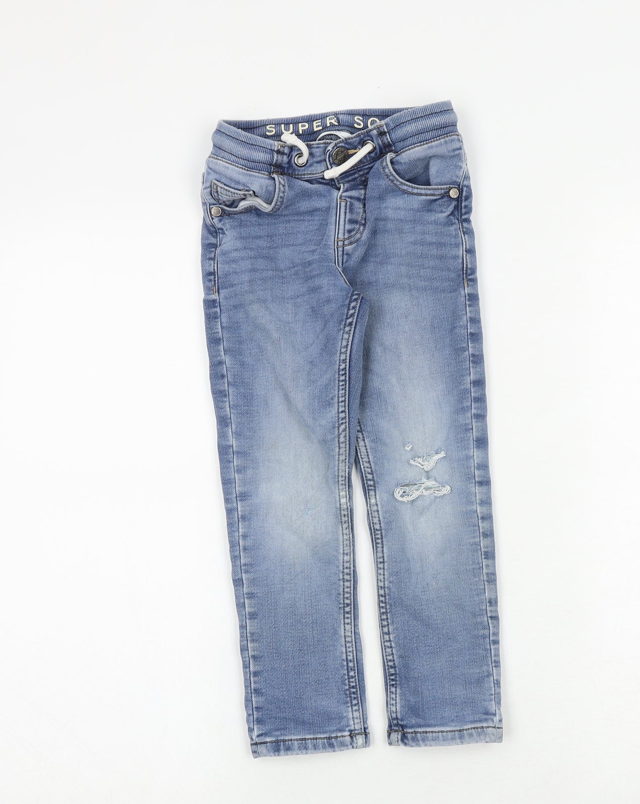 Marks and Spencer Boys Blue Cotton Straight Jeans Size 4-5 Years Regular Drawstring