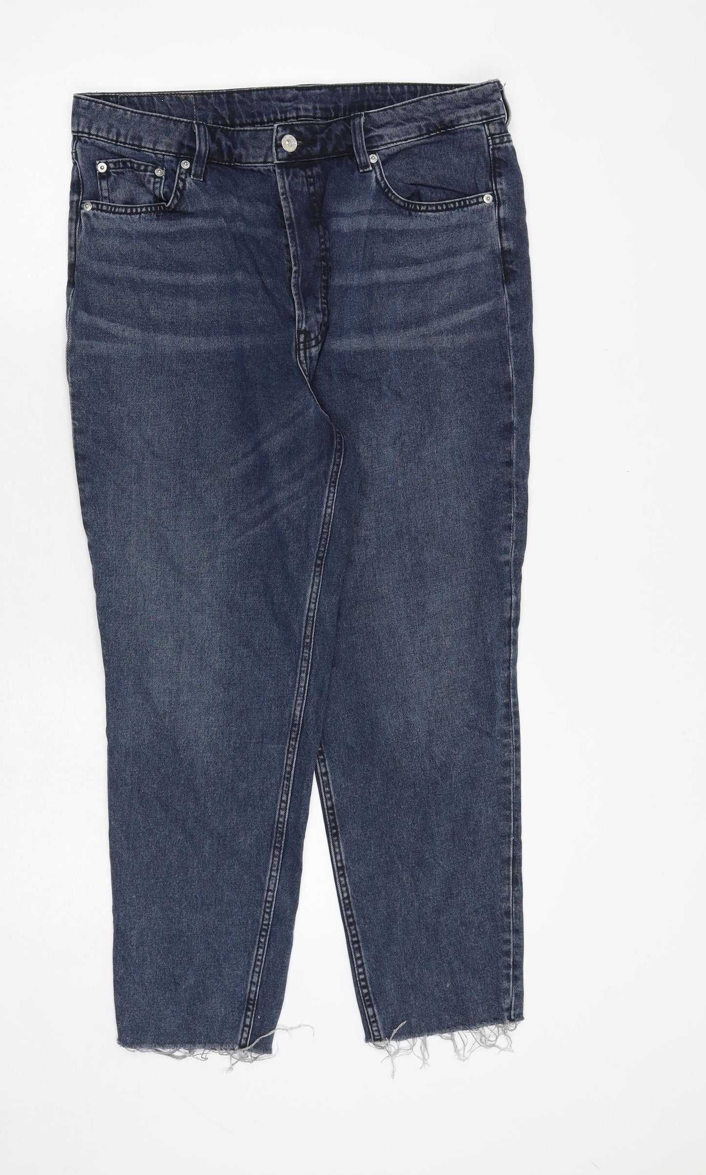 H&M Womens Blue Cotton Tapered Jeans Size 16 Regular Zip - Frayed Hem